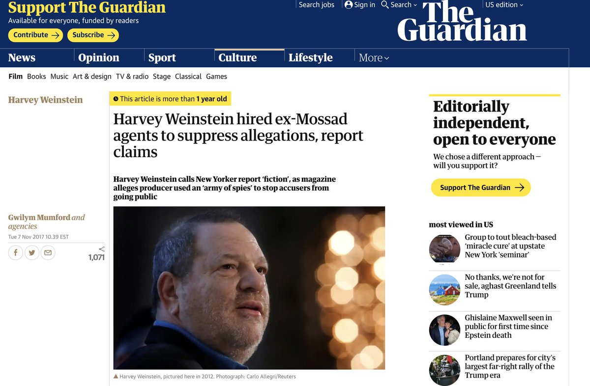 Hmmmm, Mossad huh? Where else have we seen elite sex abusers being tied to this secretive agency? Oh that' right, Harvey Weinstein, another evil, perverted monster that recently was brought to justiceHarvey used ex-Mossad members to silence/intimidate his victims into silence