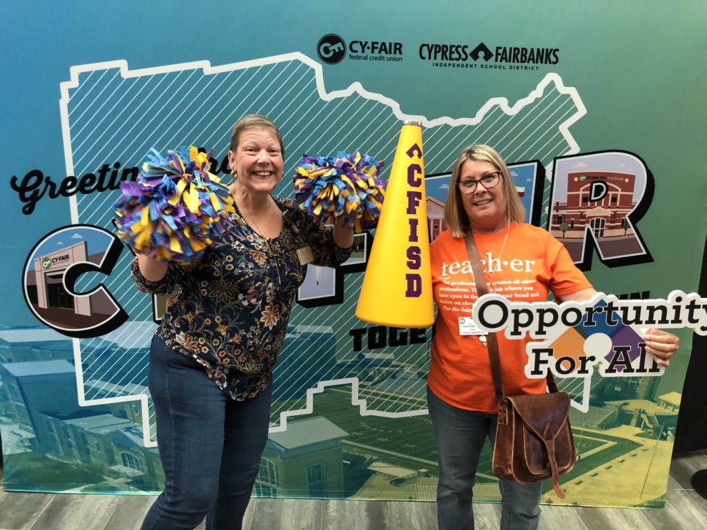 TDaeschner's tweet photo. Having fun at staff development @CyFairFCU with my past teaching partner Mrs. Nasr #BangBears #cfisd #cyfairfc #cyfairfcu https://t.co/UwBmGSN1Hn