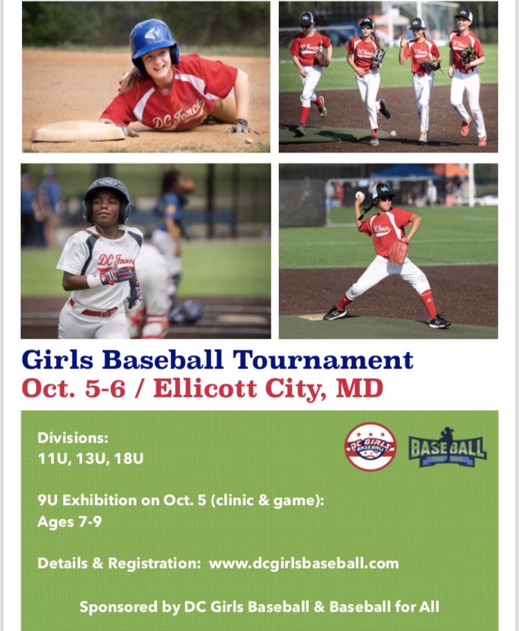 DCGB and <a href="/baseballfor_all/">Baseball For All</a> are hosting a girls baseball tournament in Ellicott City, MD on October 5-6! See below for info and register here: flipcause.com/secure/cause_p…