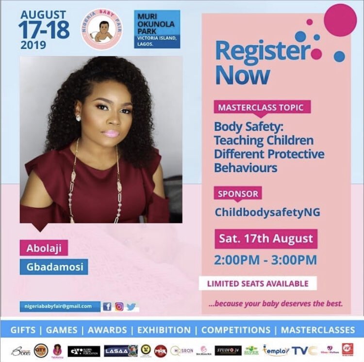 nigeriababyfair's tweet photo. The safety of our little ones can’t be over-emphasised. Join the discussion, let’s talk child body safety. @childbodysafety Register here: https://t.co/t0C53EsSWT #nigeriababyfair #childsafety https://t.co/jUN43XlNPr