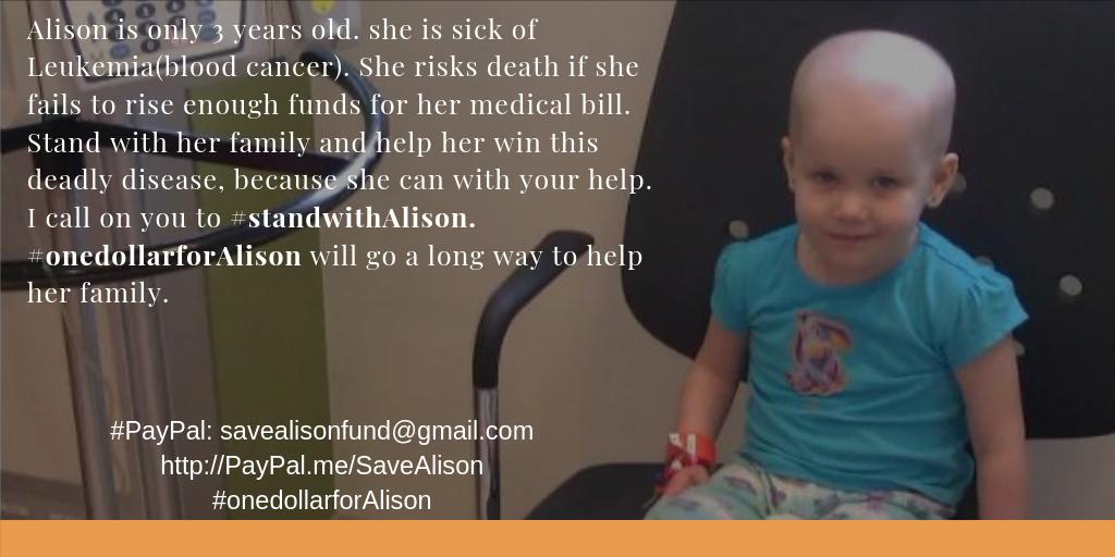 WangoyaSnr's tweet photo. @Alisonneedhelp @stop_trump_2020 @ohprinceeric
@alyssawritesit
@shaffmaddog
@Chris_H_Politic
@WongYK8
@CSCarrigan
Alison needs your help. She is sick of Leukemia and in need of financial assistance. kindly #standwithAlison. #onedollarforAlison will go a long way. #MedicareForall https://t.co/akIOo3Zv99