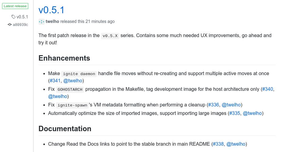 twelho's tweet photo. Ignite v0.5.1 released! 🔥🚀

This patch release includes some much-needed fixes, now you can now import a Docker image of any size!

https://t.co/S8xa5je6vM https://t.co/EvtJulAL3I