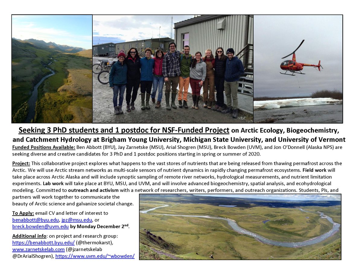 Happy to announce <a href="/Hydro_DoctorJ/">Jay Zarnetske</a>, <a href="/DrArialShogren/">Dr. Arial Shogren</a>, @jon_a_odonnell, Breck Bowden, and I are recruiting 3 PhDs and a postdoc to work on the fate of permafrost nutrients in Arctic Alaska. Dynamic team with fully integrated outreach/activism. <a href="/BYU/">BYU</a> <a href="/michiganstateu/">MSU</a> <a href="/uvmvermont/">University of Vermont</a> #yay
