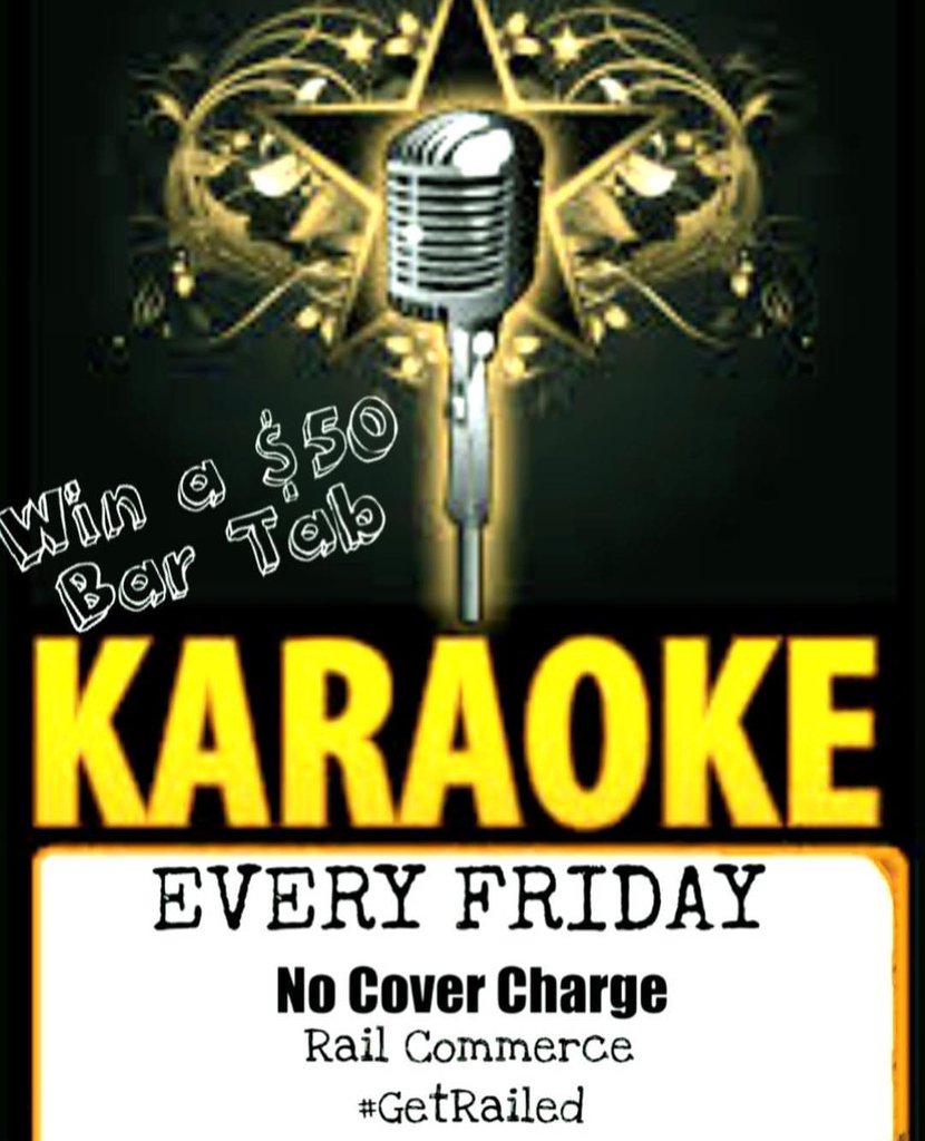 RailCommerce's tweet photo. Come kick off your Friday evening @ The Rail
#FridayNightFever #Itsthefreakingweekend
#karaoke #winner #barfly #therail #commercetx #getrailed https://t.co/WFsf3Lhlr9
