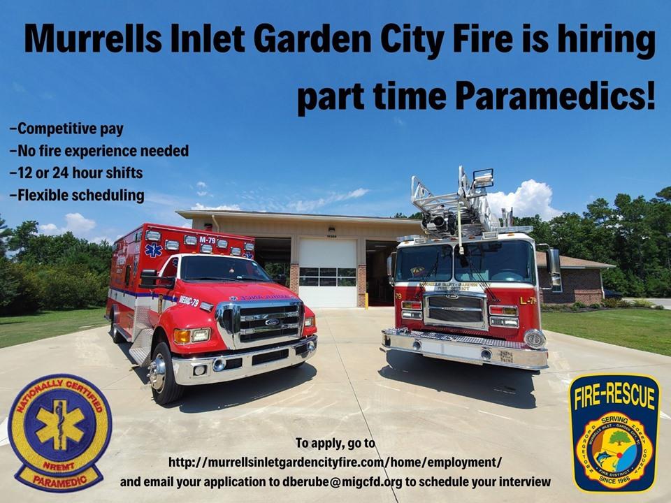 We have just opened the hiring process for Part time Paramedic (EMS ONLY) positions. Don't let this opportunity pass by.#employment #Paramedic #FireRescue #MurrellsInlet #GardenCity #FireJob
