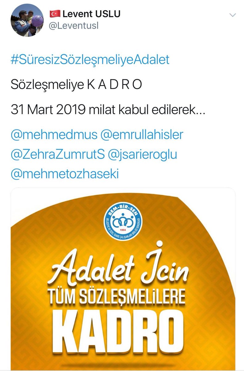 Ali Yalçın Başkan’dan;Kamu ve yerel yönetimlerde çalışan süresiz sözleşmeli memurlar için, 31 Mart milat olacak şekilde kadro almadan, toplu sözleşme masasından kalkmamasını bekliyoruz. <a href="/_aliyalcin_/">Ali YALÇIN</a> <a href="/Leventusl/">🇹🇷Levent USLU</a> <a href="/MetinYilanci/">Metin YILANCI</a> <a href="/ZehraZumrutS/">Zehra Zümrüt Selçuk</a> <a href="/MemurSenKonf/">Memur-Sen</a> <a href="/Bem_Bir_Sen/">BEM-BİR-SEN</a> <a href="/BuroMemurSen_/">Büro Memur-Sen</a>