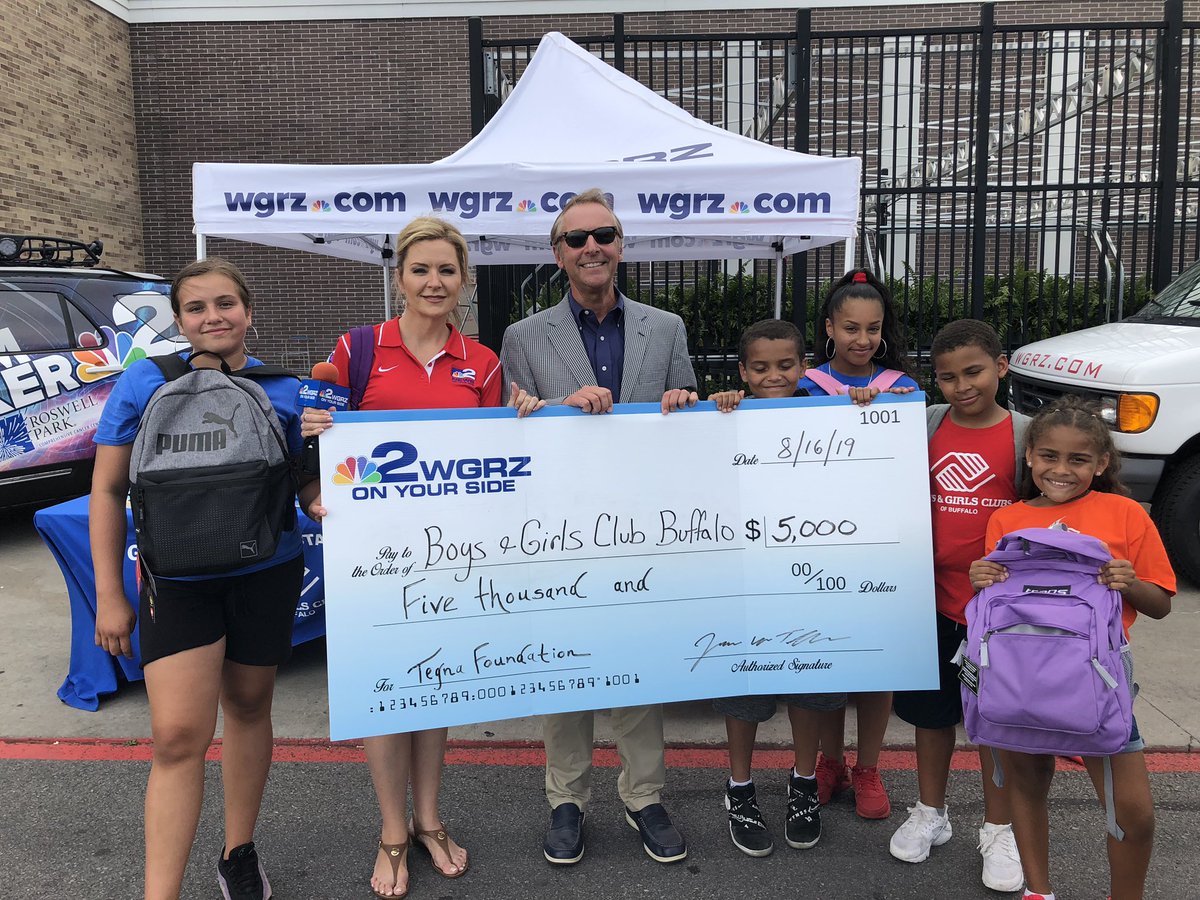 WGRZ's tweet photo. 16 years of helping Western New York's children get ready to go back to school! A big thanks to WGRZ-TV President and General Manager, Jim Toellner for coming out to present this year's donation to the Boys and Girls Club of Buffalo! #bcgbuffalo #beon2 #2packabackpack https://t.co/HI5IPkqSeL