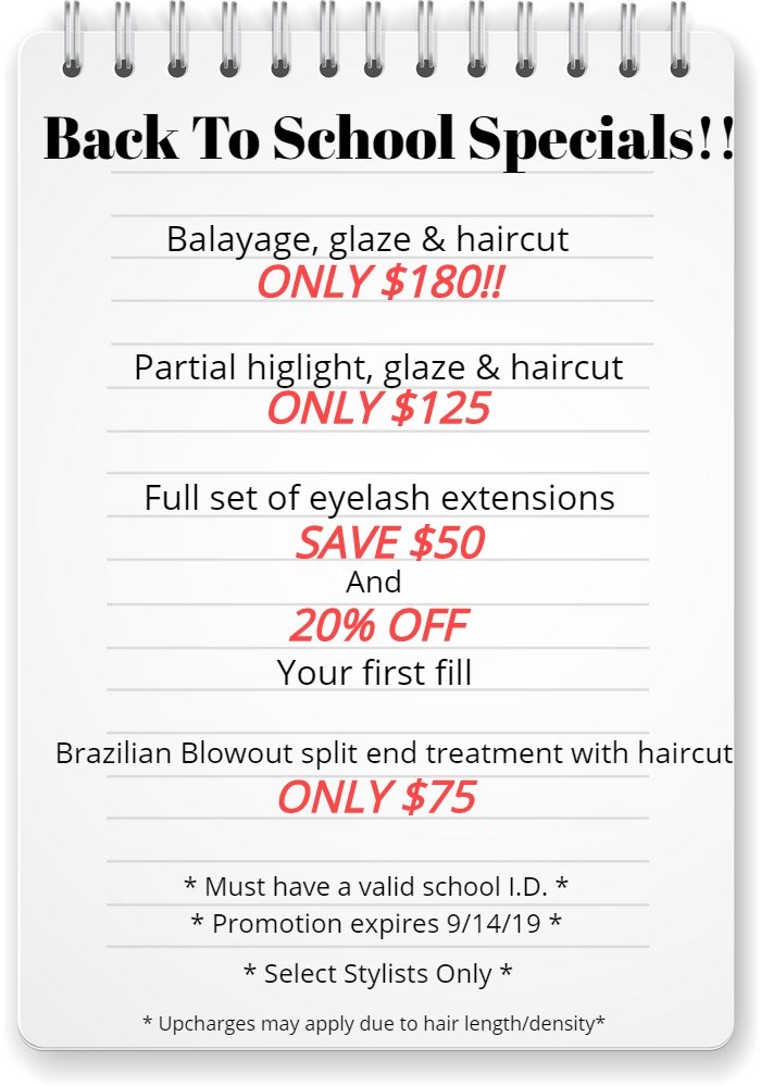 Check out our back to school specials! 🤓With select stylists, these promotions expire 9/14/19, call now to book your appointment! New year, new YOU! <3 #ShearExtacySalon #Backtoschool #SalonSpecials #LongIslandSalon #LongIslandSpa #HairSpecials #EyelashSpecials #Millerplace