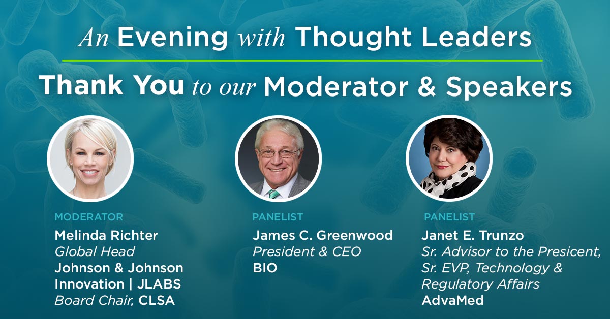 CALifeSciences's tweet photo. Thank you to our Moderator @MelindaRichter @JLABS and Speakers @JimGreenwood @IAmBiotech & @JanetTrunzo @AdvaMedUpdate for a standing room only Evening with Thought Leaders discussion this week. #2020 #lifesciences #CLSA #EwTL https://t.co/Wwm9Wi9nre