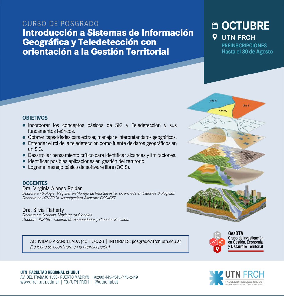UTNChubut's tweet photo. 🔖 Nuevo Curso de #Posgrado 
"Introducción a #SIG y Teledetección con orientación a la Gestión Territorial" en #UTNChubut 
#DesarrolloTerritorial #DatosGeográficos #GIS #QGIS #GesDTA #Chubut https://t.co/sfNUKy6HYQ