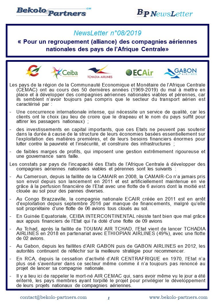 Bekolo_Partners's tweet photo. Les compagnies aériennes nationales des pays de l'Afrique Centrale doivent impérativement faire alliance ou disparaître

Nouvelle édition de la NewsLetter 
@camairco  
#Le_partage_du_savoir https://t.co/U5RhIE1nPY