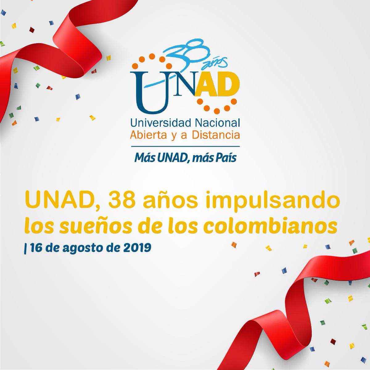 UniversidadUNAD's tweet photo. Hace 38 años, nació el sueño de crear una universidad que permitiera impulsar los sueños a través de la educación. Hoy nos consolidamos como la megauniversidad de los colombianos 👉https://t.co/LUZa6RWRYm
#MásUNADMásPaís 
💛💙🧡Comparte tu felicitación con el #MásUnadistaQueNunca https://t.co/jDtMoh7QZb
