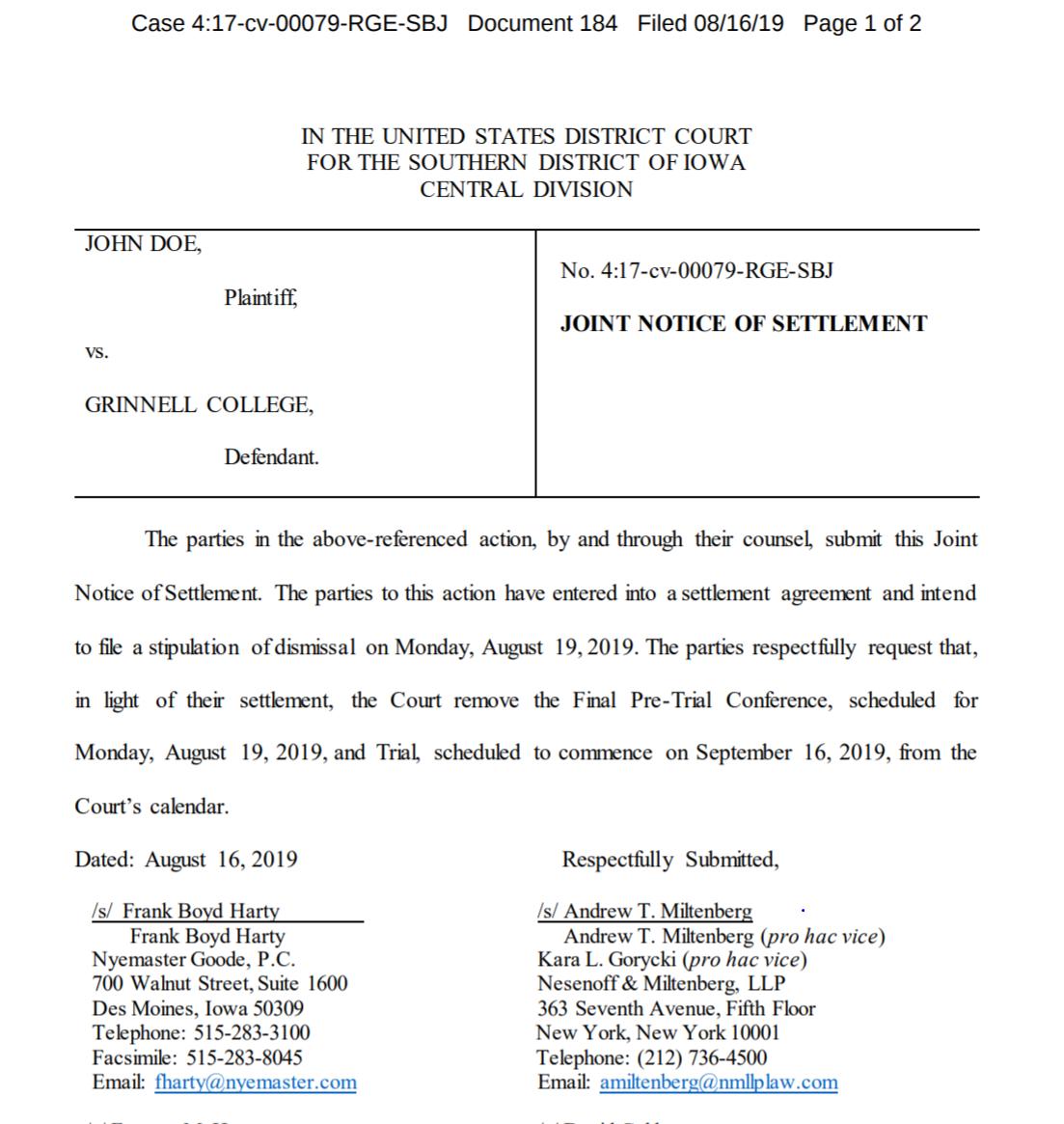 KC Johnson on Twitter: "Just in: @GrinnellCollege lawsuit--first university  motion for summary judgment on TIX (among the post-DCL lawsuits) that was  denied--has just settled. Major victory for @NMLLPLaw, which handled the  case.