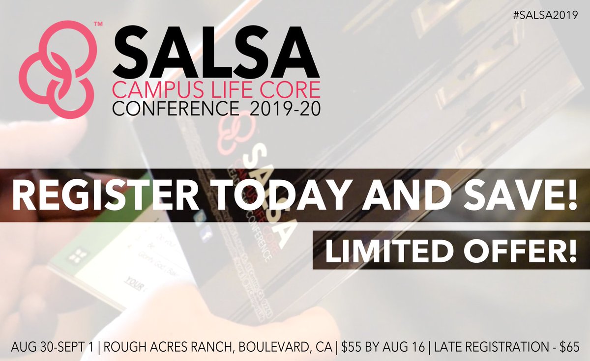 IVCampusLife's tweet photo. HEY STUDENTS! #SALSA2019 is only $55 if you REGISTER TODAY, August 16! After today, the cost goes up to $65! So save $ and register NOW!
Don't miss #CampusLife’s premier #leadership training conference happening Aug 30-Sept 1 at #RoughAcresRanch, Boulevard, CA!
#CampusLifeCore https://t.co/Oxf1DwnO7u