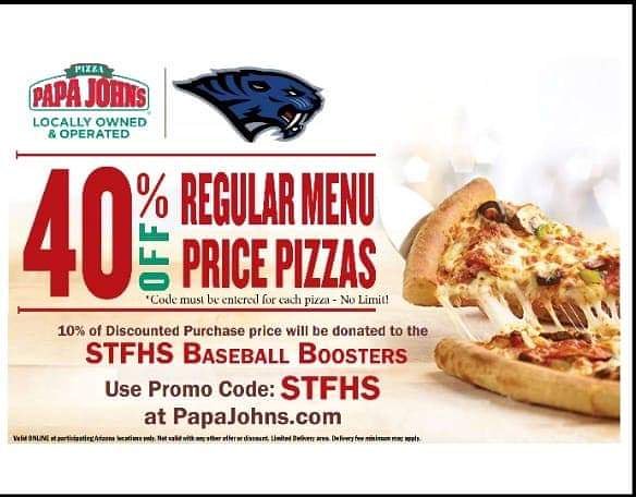 STFHSBaseball's tweet photo. It's Pizza Friday!  Don't forget to use the Papa Johns discount code.

#STFHS #Sabercats #SabercatsBaseball #SabercatPride #GoSabercats #GoCats #TeamDylan 
@STFHighSchool @STFHS_Athletics https://t.co/6iQ76i64oX