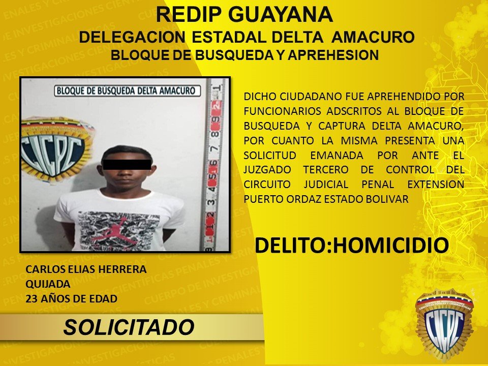 #CICPC, Funcionarios adscrito al Bloque de Búsqueda y Aprehensión Delta Amacuro logran aprehender a un 
(01) ciudadano solicitado por el delito homicidio
<a href="/DouglasRicoVzla/">Douglas Rico</a> <a href="/PRENSACICPC/">PRENSA CICPC</a>
<a href="/darwincicpc/">Darwin Linares</a> <a href="/aliendrese/">Aliendres  Enrique</a> @Cicpc376
 <a href="/GobLizeta/">Gob.Lizeta Hernández</a>