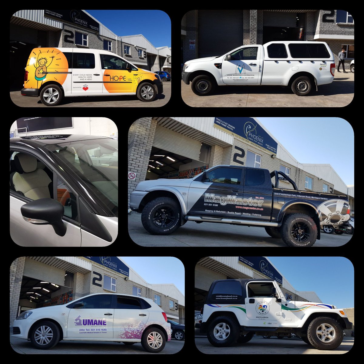 PhoenixDPC's tweet photo. 6 branded/wrapped vehicles left our factory today - Phoenix Digital Print Concepts is on fiiiiiire 🔥🔥 Thank you to our valued clients MagMaster, Renault Tygervalley,  UMane Pathology Inc, Vigne Marketing, Hope Foundation, I love my beach. #branding #DontWorryBeWrappy https://t.co/XPiJwUVaM7