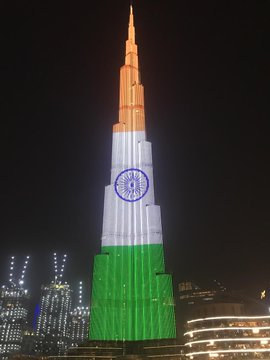 ANI's tweet photo. Dubai, United Arab Emirates: Burj Khalifa illuminated in colours of the Tricolour, to mark #IndiaIndependenceDay https://t.co/A88ZZhenBQ