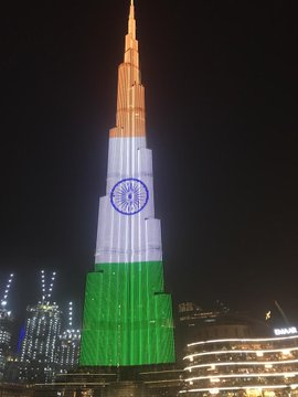 ANI's tweet photo. Dubai, United Arab Emirates: Burj Khalifa illuminated in colours of the Tricolour, to mark #IndiaIndependenceDay https://t.co/A88ZZhenBQ