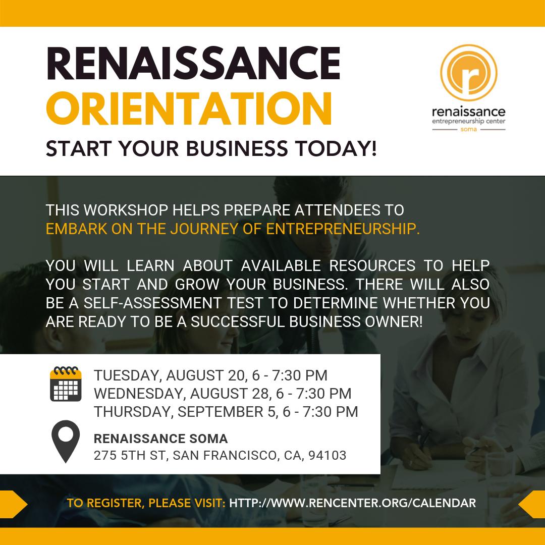 If you haven't already, make sure to register for a free orientation at Renaissance! We can help direct you to the programs and services that are most helpful to you and your business. Next Tuesday, August 20, from 6 - 7:30 pm. Sign up: rencenter.org/event/orientat…