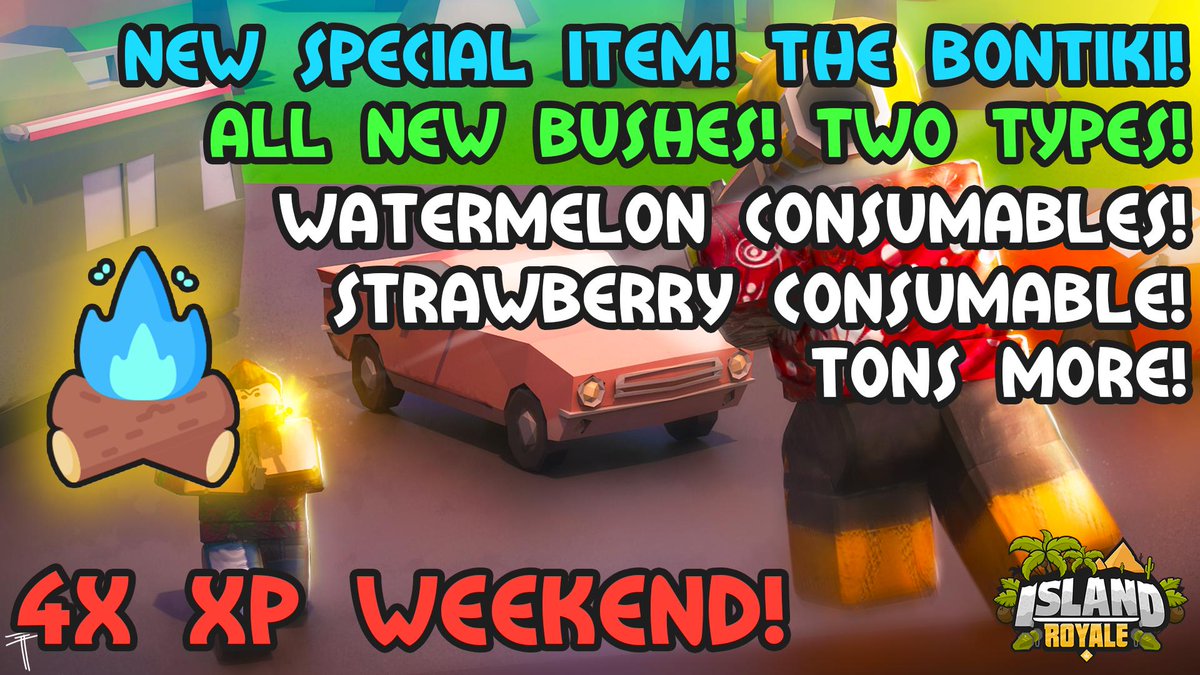 Jared Kooiman On Twitter Ir Update Two Types Of Bushes Strawberry Consumables That Drop From Small Bushes Watermelon Ground Consumables That Spawn Around The Map New Special Item Bontiki 4x Xp Use - twitter codes roblox island royale