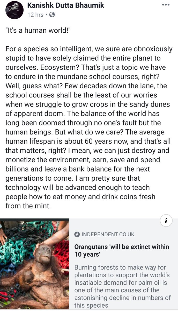 KanishkDBhaumik's tweet image. How could a species be so entitled that they stopped having even a little bit of far sight? Ours days on earth are numbered if we are not careful enough about the environment and the climate.

#SaveTheEarth #savetheecosystem #ClimateEmergency #ClimateChange #saveBiodiversity