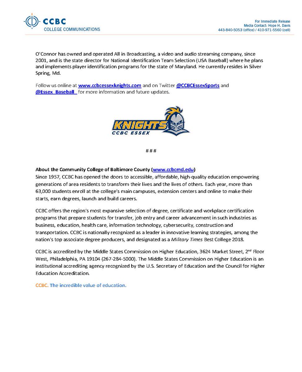There's a new Knight in town. #TheKingdom would like to welcome <a href="/Coach_OC/">Sean O'Connor</a>! He is just the 4th <a href="/Essex_Baseball_/">CCBC_Essex_Knights_Baseball</a> head coach since 1984.