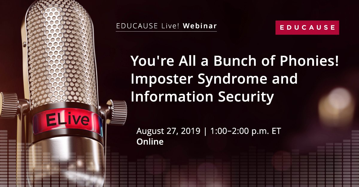 educause's tweet image. The all-too-common problem of imposter syndrome can cause outwardly successful individuals to be riddled with self-doubt. Join us for the #EDULive on August 27 to learn positive steps to help combat self-doubt. events.educause.edu/educause-live/…