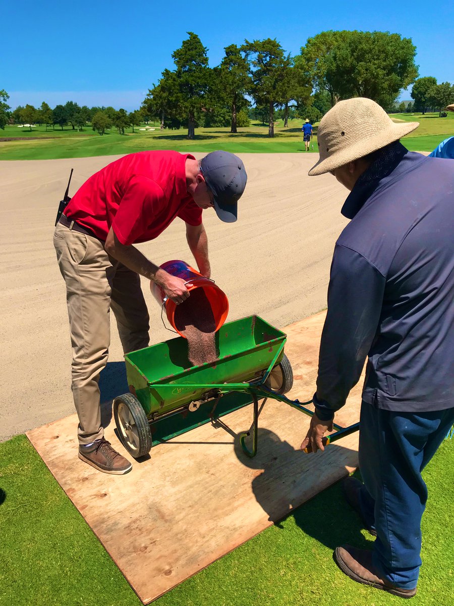 Garrett_Barnes's tweet photo. Best part of the project @okcgccgolf! Seeding greens!! 007 Bentgrass being put down today and through this weekend. Looking forward to the process! @NathanNgcs @awelge24 @JeremyTharp4 https://t.co/wHewQENJtW