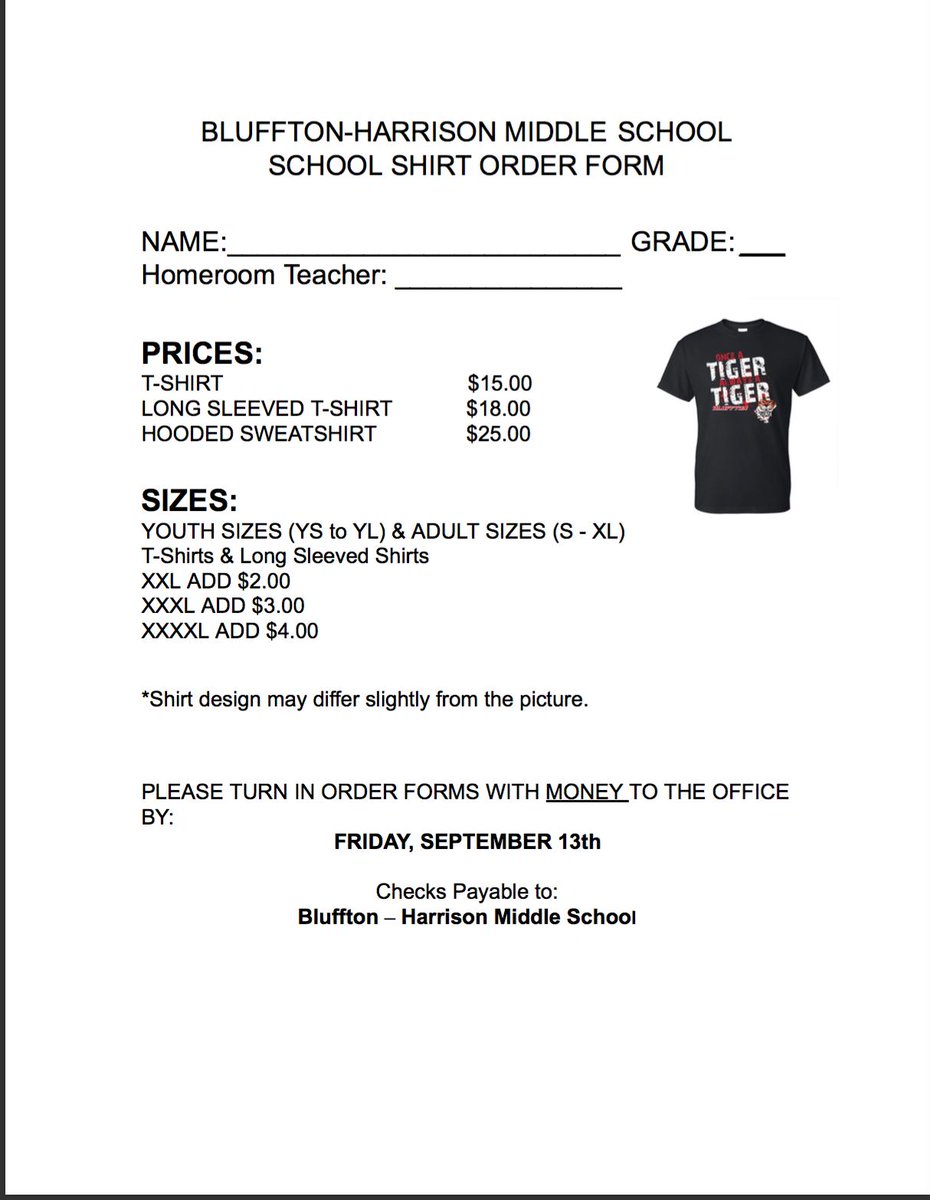 BHMS_SC's tweet photo. Do you need some new spirit gear?  School shirts are on sale now! Order forms are attached or can be found in the Middle School office.  All orders are due by Friday, September 13th.  If you have any questions please contact the BHMS Student Council at BMSStudentCouncil@bhmsd.org https://t.co/BZqqPaHpQw