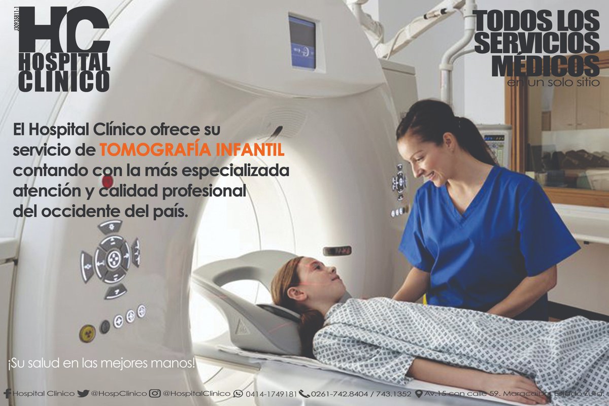 Hospital Clínico coloca a su disposición la tecnología más avanzada en el occidente del país, de la mano de los mejores profesionales en el área, implementando su servicio de TOMOGRAFÍA INFANTIL. 
Para mayor información: 0261-742.8404   /  0261-743.1352 
WhatsApp: 0414-174.9181