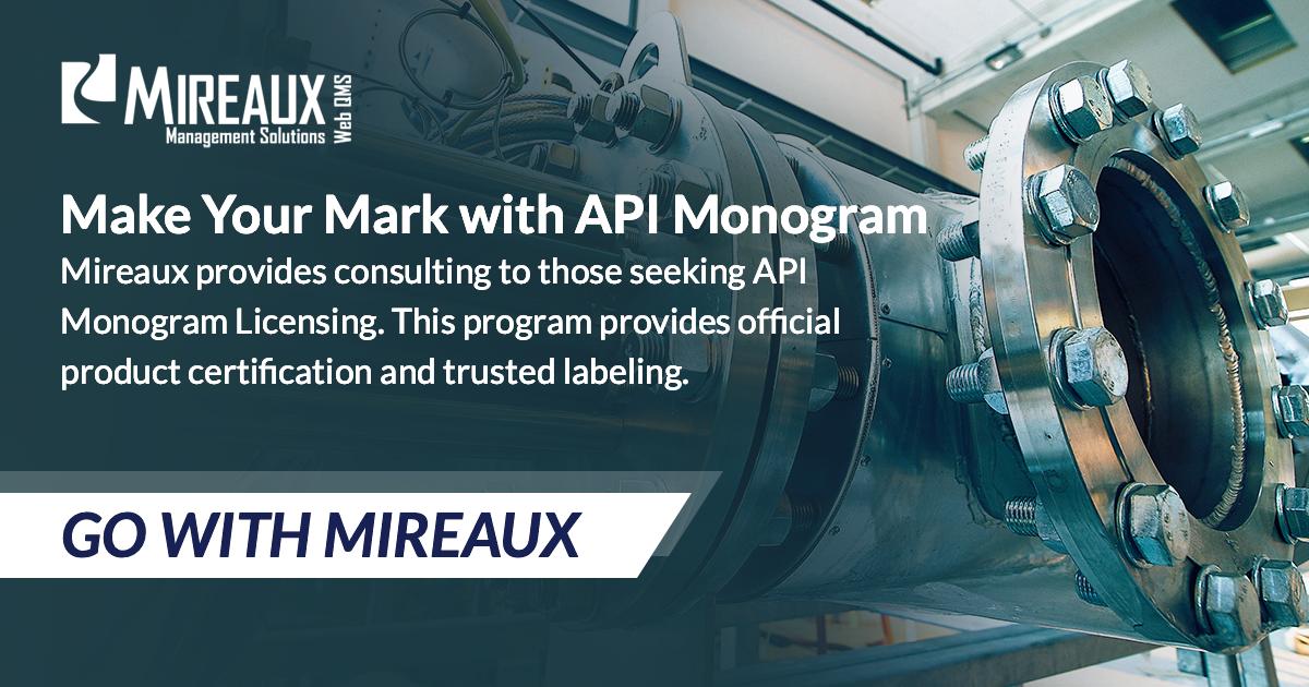 MireauxMS's tweet photo. Manufacturers who wish to mark their products with the API Monogram must pass an audit to be granted a license by @APIGlobal. Mireaux helps organizations achieve this important distinction. Learn more: https://t.co/ReN4Kpus0B
#api #apimonogram https://t.co/qTfGHBHMtu