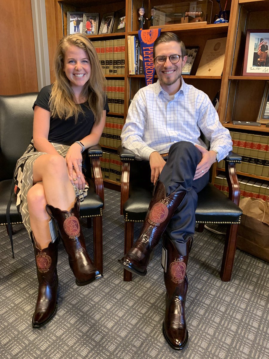 JeffBoydTX's tweet photo. Today my law clerks Joanna &amp; Mason earned their new #JSBBoots from @Lucchese1883 &amp; @AllensBoots. They’re both heading to @KellyHart_Law in Fort Worth, so our sad loss is @TarrantBar ‘s gain. Godspeed to these two gems! https://t.co/xwPqfs50pY