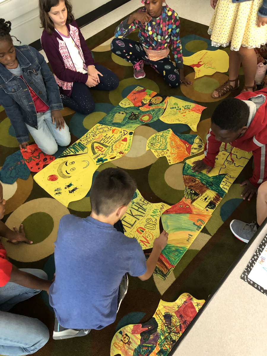MissCurran7's tweet photo. Yesterday, students created puzzle pieces to tell their story. Today, we used teamwork to put them together to show how our stories come together to create an amazing community! #isdstrong #isd4thgrade  #randallbears @RandallBears https://t.co/sTUKAhrcRf