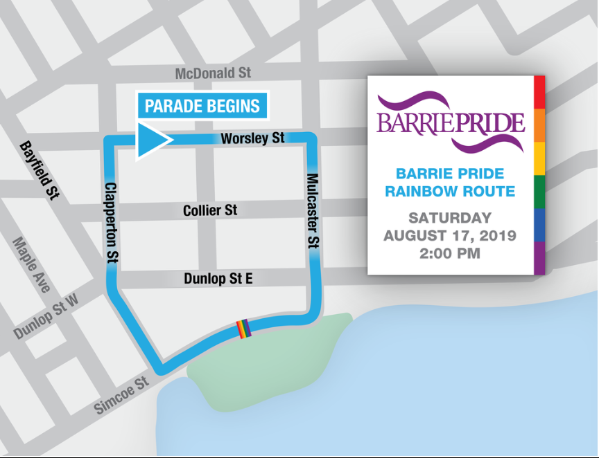 BarriePolice's tweet photo. #BarriePolice remind those planning to visit @DowntownBarrie tomorrow that the #BarriePRIDE parade begins at 2:00 p.m. and will make its way through the streets. Please see the attached route. #PRIDE #SimcoePRIDE #BarriePRIDE #CommittedToOurCommunity https://t.co/FPqT7XIbYW