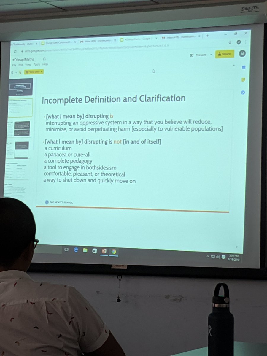carloliwitter's tweet photo. "... Interrupting an impressive system in a way that you believe with reduce, minimize, or avoid perpetuating harm (especially to vulnerable populations)" @benjamindickman on #DisruptMaths h/t #DisruptTexts #tmcnyc19 https://t.co/e43m33JFtn