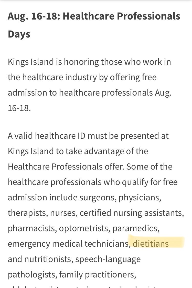 FREE KINGS ISLAND ADMISSION FOR DIETITIANS !!!!! This weekend only!!! Check it out!