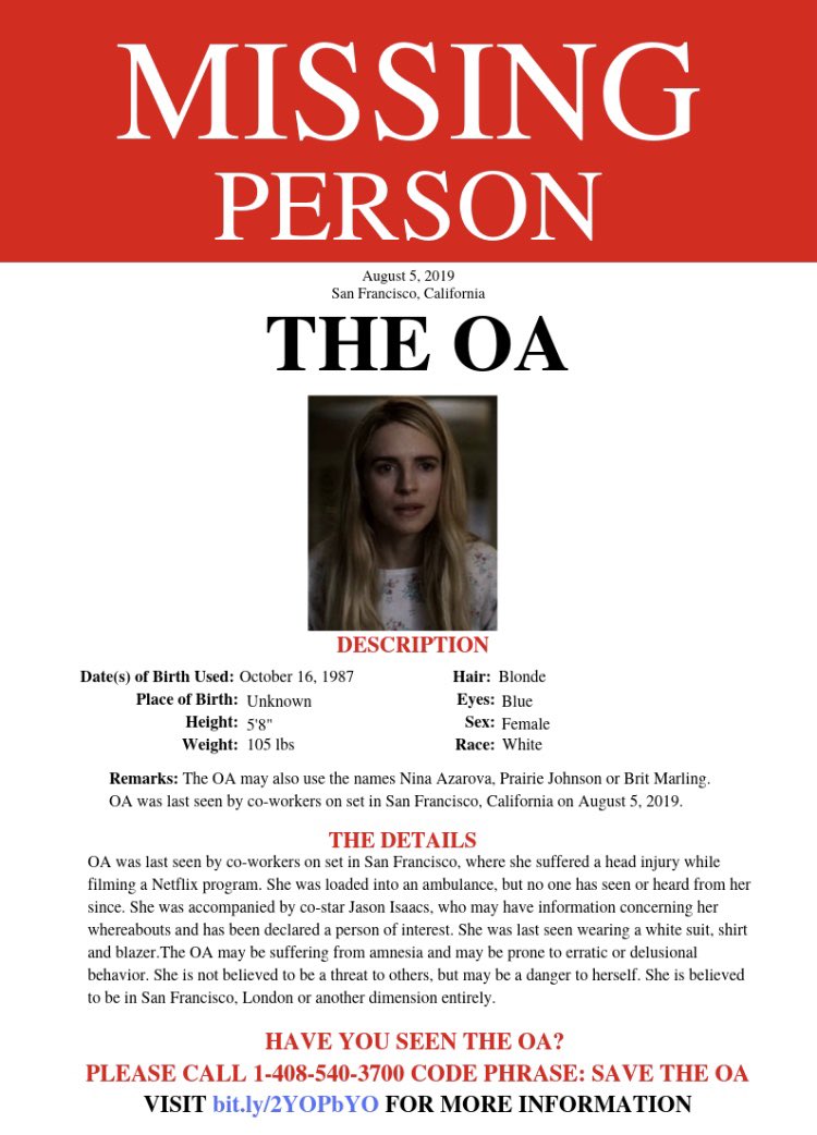 anangelnora's tweet photo. We must find The OA! We need to remind her of who she is! OA, where are you? We need you! 😢🌳🙌🏻🅾️🅰️♾ #TheOAisReal #FindTheOA @britmarling @The_OA @netflix https://t.co/gTDHFu2u3m