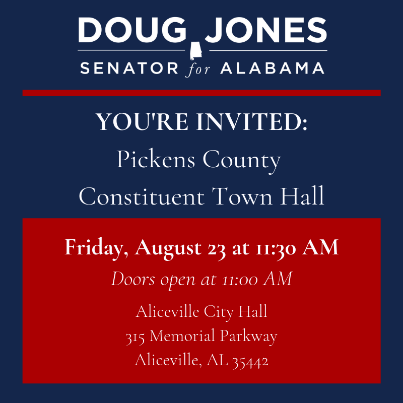 SenDougJones's tweet photo. Next Friday, August 23, I’ll be in Pickens County to host a constituent town hall. I look forward to seeing y’all there! https://t.co/MK3RqfsyKB
