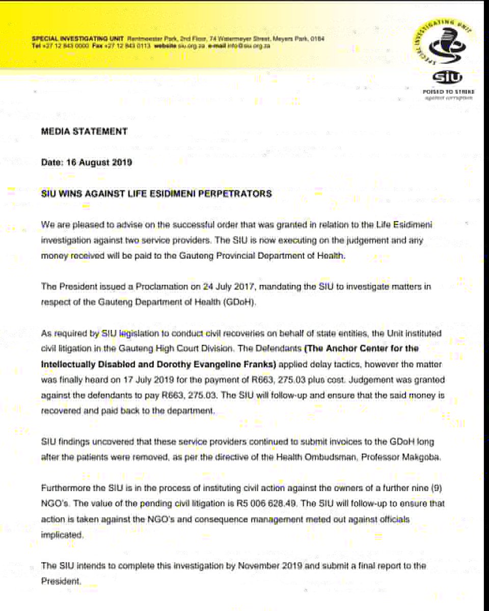 RSASIU's tweet photo. MEDIA STATEMENT ISSUED TODAY:  SIU WINS AGAINST LIFE ESIDIMENI PERPETRATORS
#poised2strike
#anticorruptionsa
#siu
#thumamina
@GCISMedia https://t.co/lJPUbnUd7b