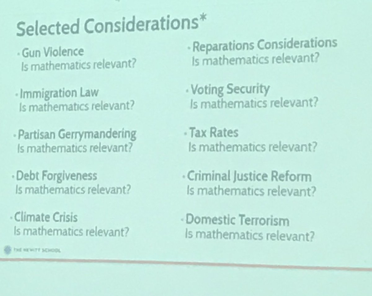 compassandcode's tweet photo. #disruptmaths at #tmcnyc19 by @benjamindickman are these topics mathematical? If so where do these topics live in the math curriculum? https://t.co/3uco24Gx5C