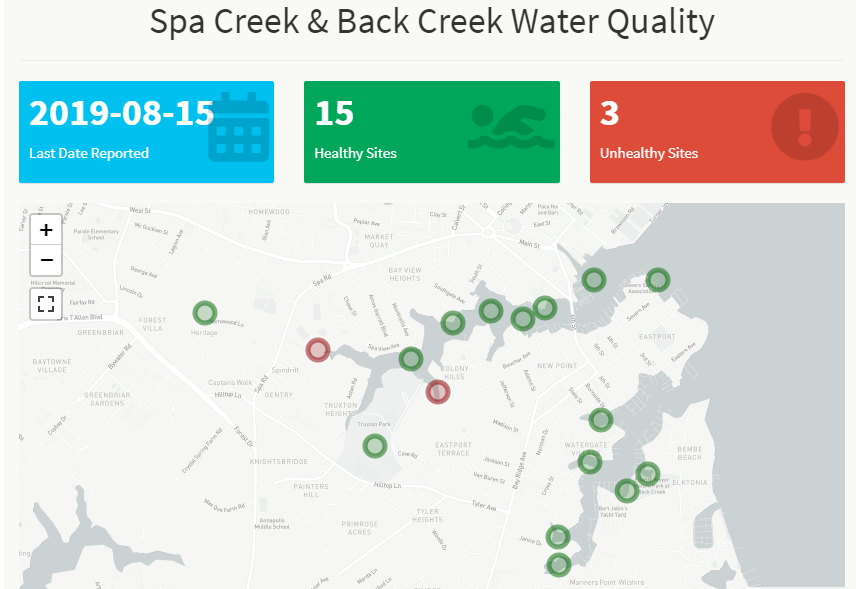 Results of water tests on samples taken Thursday Aug 15 show only 2 areas with high levels of bacteria in Spa Creek. One area at the foot bridge near the Children's Museum and the other in Hawkins Cove. More details at the link: bit.ly/2KEIKix