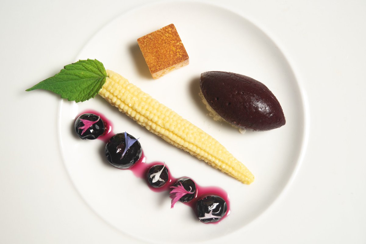 CORN &amp; BLUEBERRY… Grilled corn cremeux, blueberry mostarda, blueberry sorbet, corn cake, cojita… one of the extraordinary new desserts featured in the August Berry Menu downstairs in The Dessert Bar