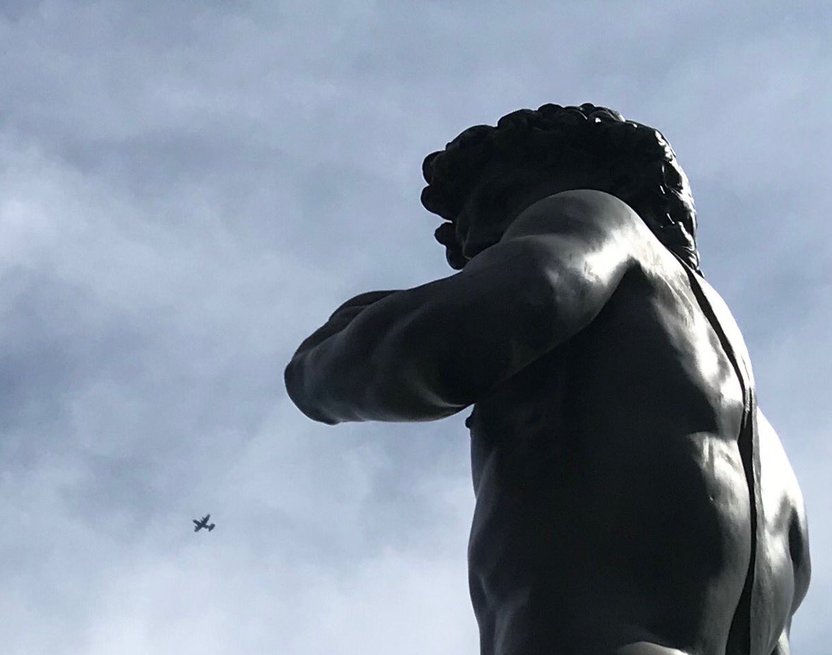 carsonjw's tweet photo. David watching a war bird in town for the #SiouxFalls Air Show and the @AFThunderbirds writing on my neighborhood sky. #powerontheprairie https://t.co/J55HRIK0c7