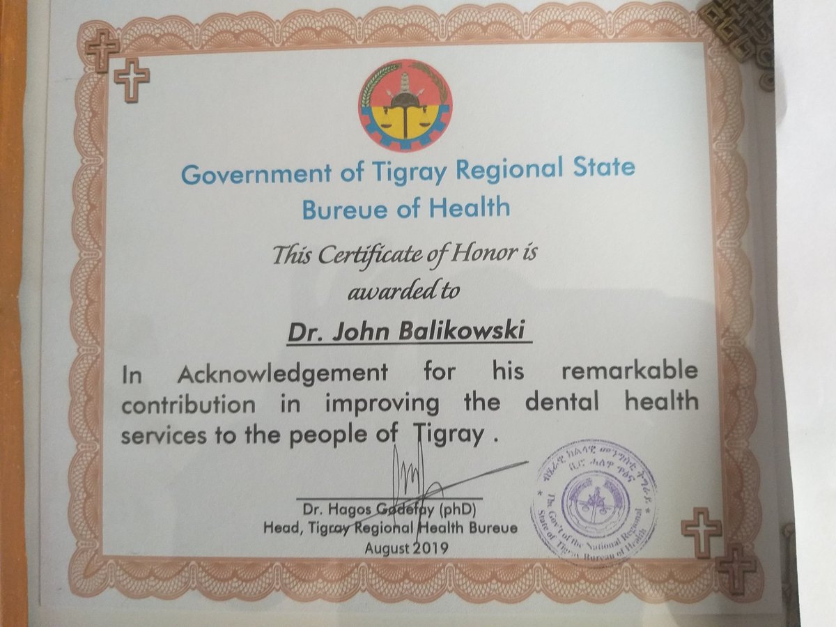 hgodefay's tweet photo. #TRHB has honorably recognized Dr John Balikowski for his extraordinarily remarkable contributions in improving the dental and oral health of our people. He has established a center in #Mekelle worth of 52 Million ETB, &amp; trained 80 dental hygienists. 
#Mekelle #Tigrai #Ethiopia https://t.co/JqlQjOuQ4e