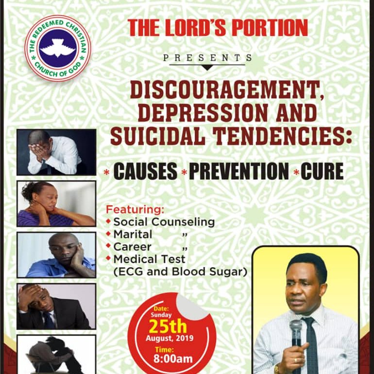 Lordsportion's tweet photo. Join us on Sunday 25th August by 8am for a special program centered on Discouragement, Depression and Suicidal Tendencies: causes, prevention and cure. 
Ministering: Pst. Keji Hamilton https://t.co/hOjgvFnpRi