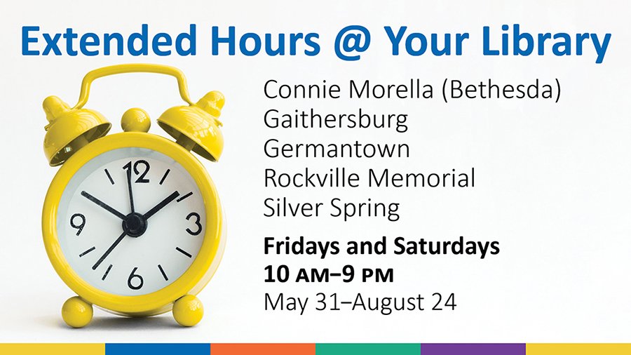 MCPL_Libraries's tweet photo. Stay late at your library this weekend!

#GaithersburgLibrary, #GermantownLibrary, #MorellaLibrary, #RockvilleLibrary, and #SilverSpringLibrary are open 10 AM - 9 PM Fridays and Saturdays through August 24. #libraries

https://t.co/mSa9LdRNaZ https://t.co/PCqbiyI4M6