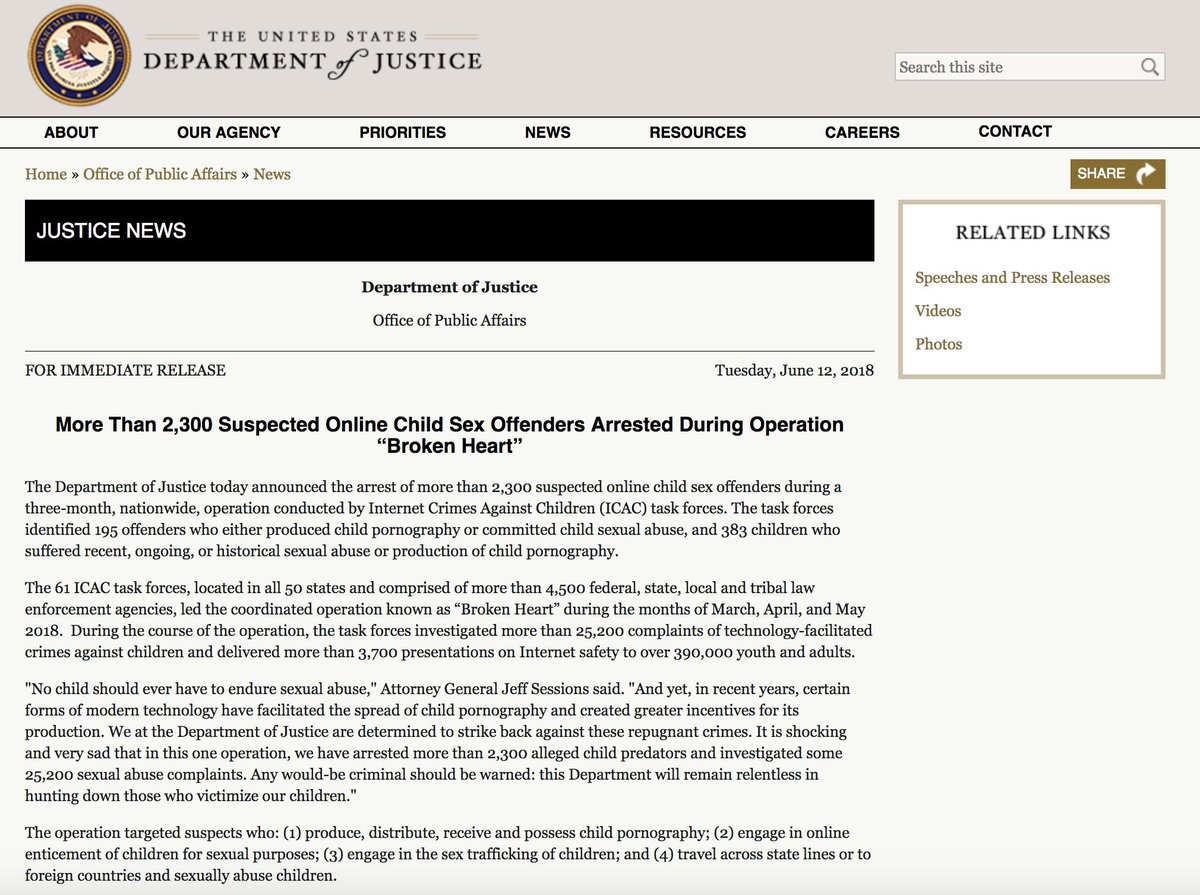 In fact, as recently as June of this year, the Department of Justice announced the conclusion of their Operation "Broken Heart" which lead to the arrest of over 2,300 online child sex offenders. This is really happening people.