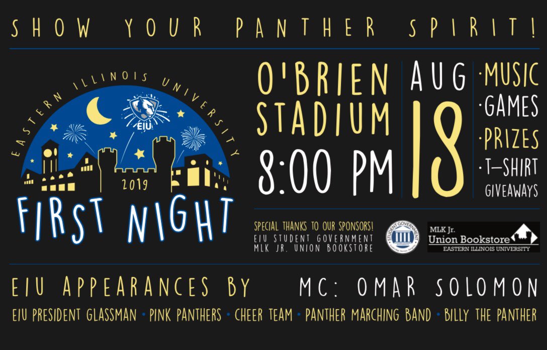 EIUstudentgov's tweet photo. Pack O’Brien Stadium with EIU blue Sunday night for our first event of the year, First Night!! Retweet this, follow us, AND be at the event for a chance to win a pair of Apple Airpods (we’re giving away three pairs)!!! https://t.co/px8Jj3T8bM