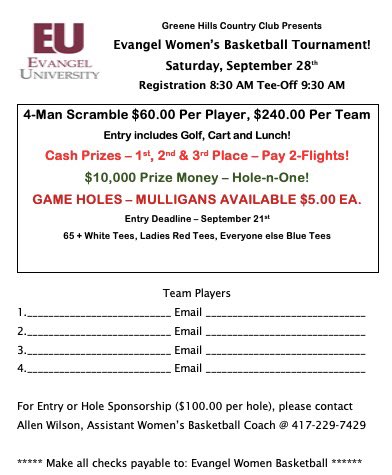 EvangelWBB's tweet photo. We will be having our 2nd Annual Evangel Women’s Basketball G⛳️lf Tournament! If you are interested in a hole sponsorship or putting a team in, please let us know!

When: September 28th, 2019
Location: Springfield, Missouri
Greene Hills Country Club https://t.co/bc2U98oO6y